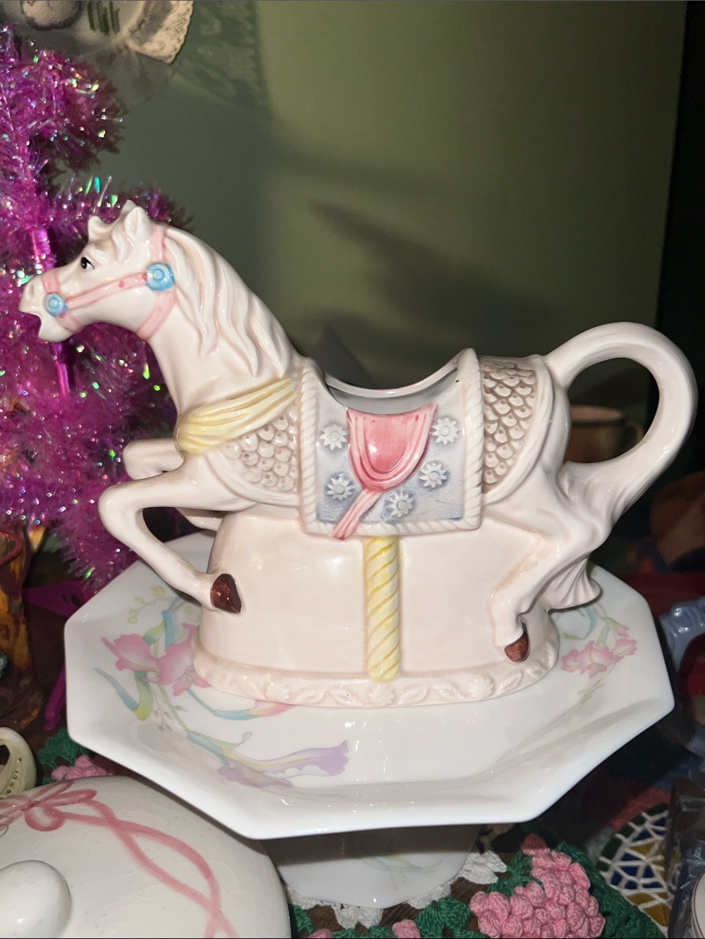 Vintage Ceramic Carousel Horse Cream Pitcher with Pastel Accents